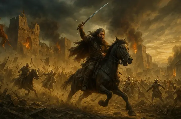 Attila’nın komutasındaki Hun süvarilerinin bir Roma kentinin surları önünde saldırıya geçtiği yoğun çatışma sahnesi.